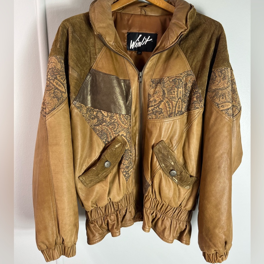 Vintage Winlit Brown/Gold Bomber Leather Jacket Size Large with Ruffle Bottom